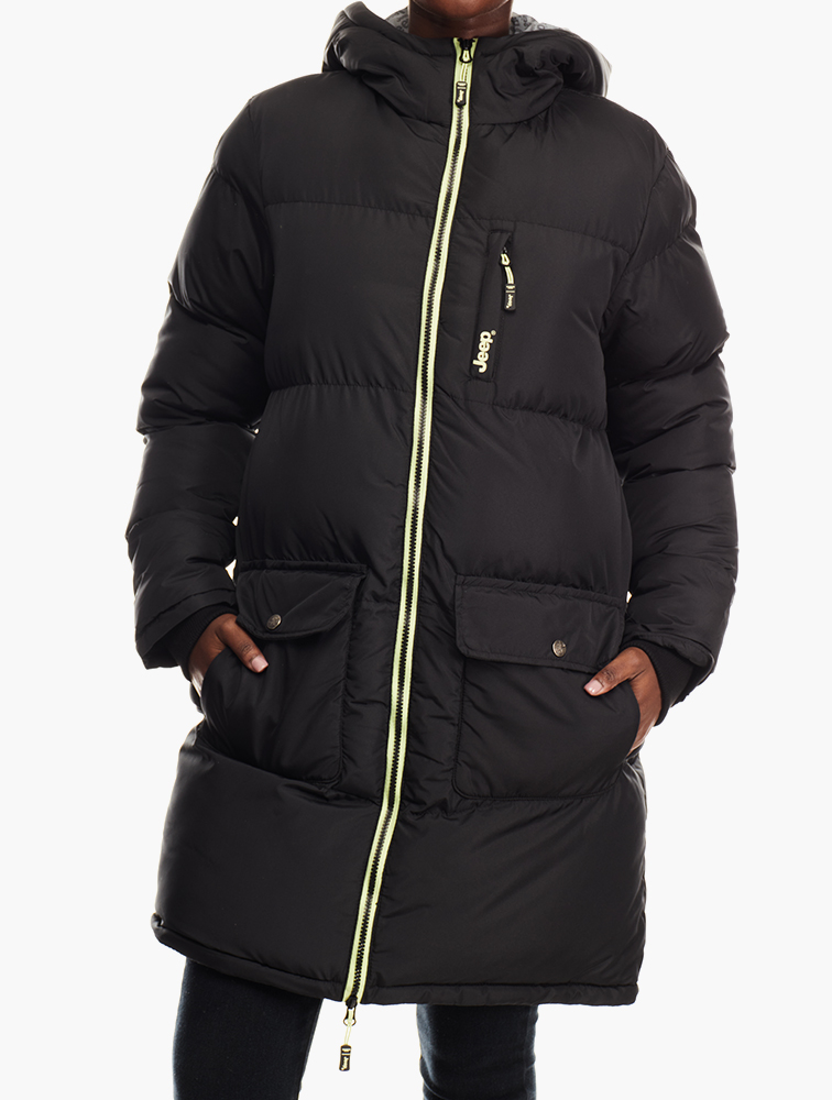 MyRunway Shop Jeep Black Longer Length Plain Puffer Jacket for Women